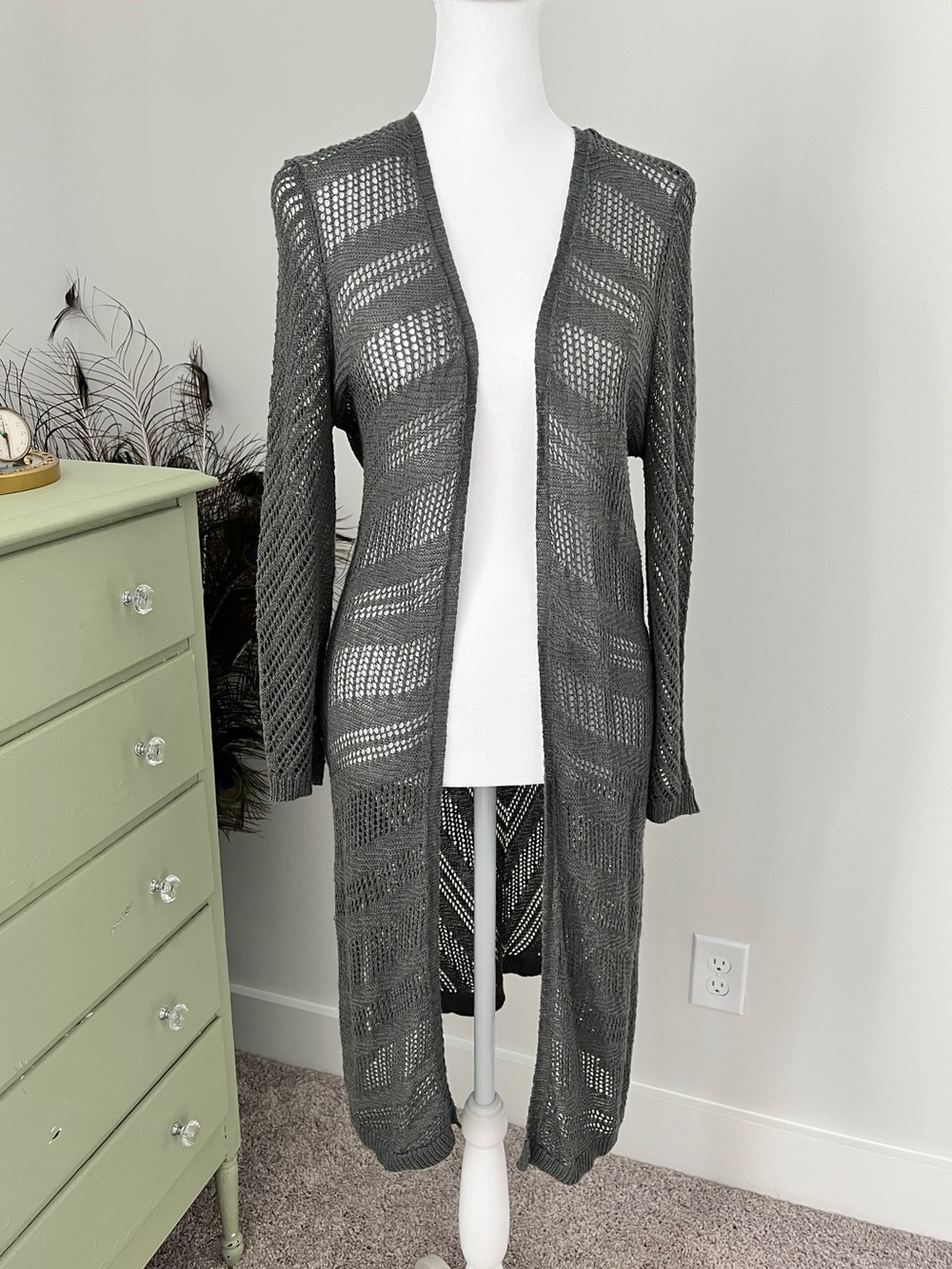 Westport Olive Green Open-Knit Long Cardigan